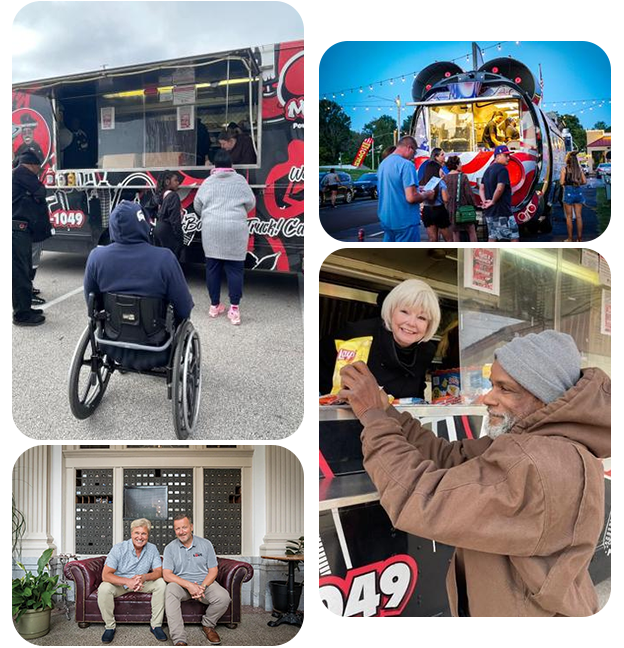 Neighbors receiving free meals at a Soulcial Kitchen truck, a festive food truck night, and co-founder John Michel